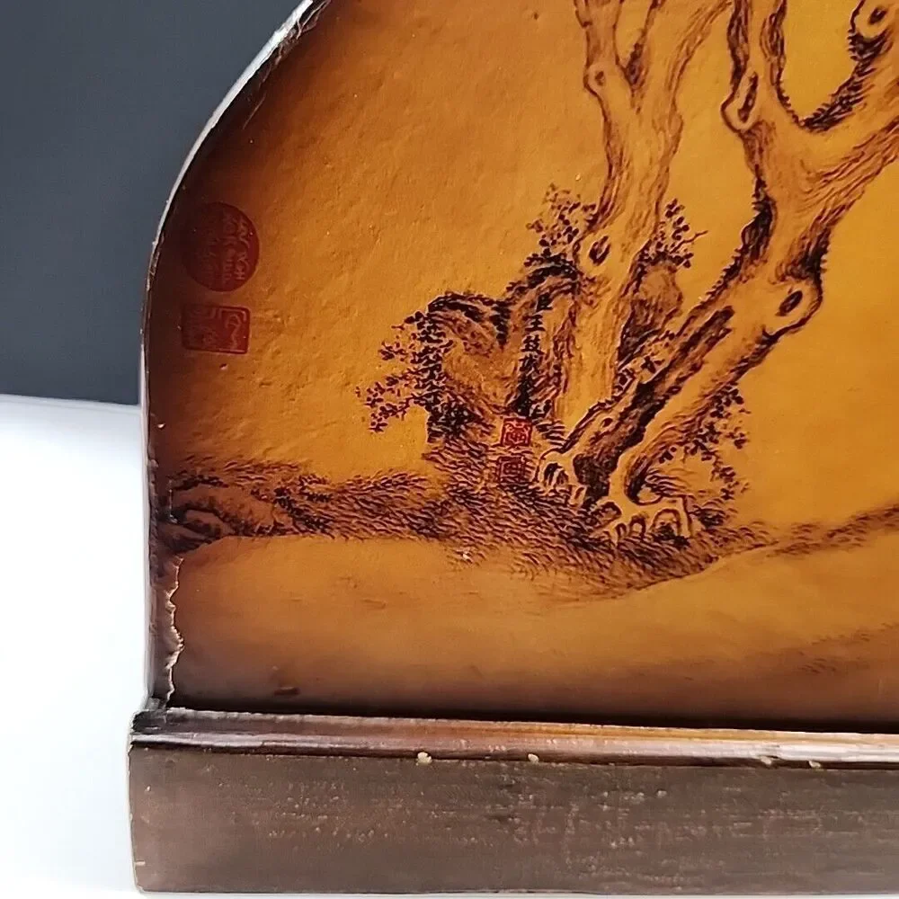 vintage Wooden Wine Caddy With Leather Handle Oriental Tree Art Work Very Unique